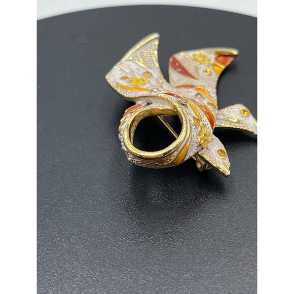 BSK Vintage Gold Tone Orange Yellow Enameled Flower Rhinestone Encrusted Brooch - Picture 5 of 13